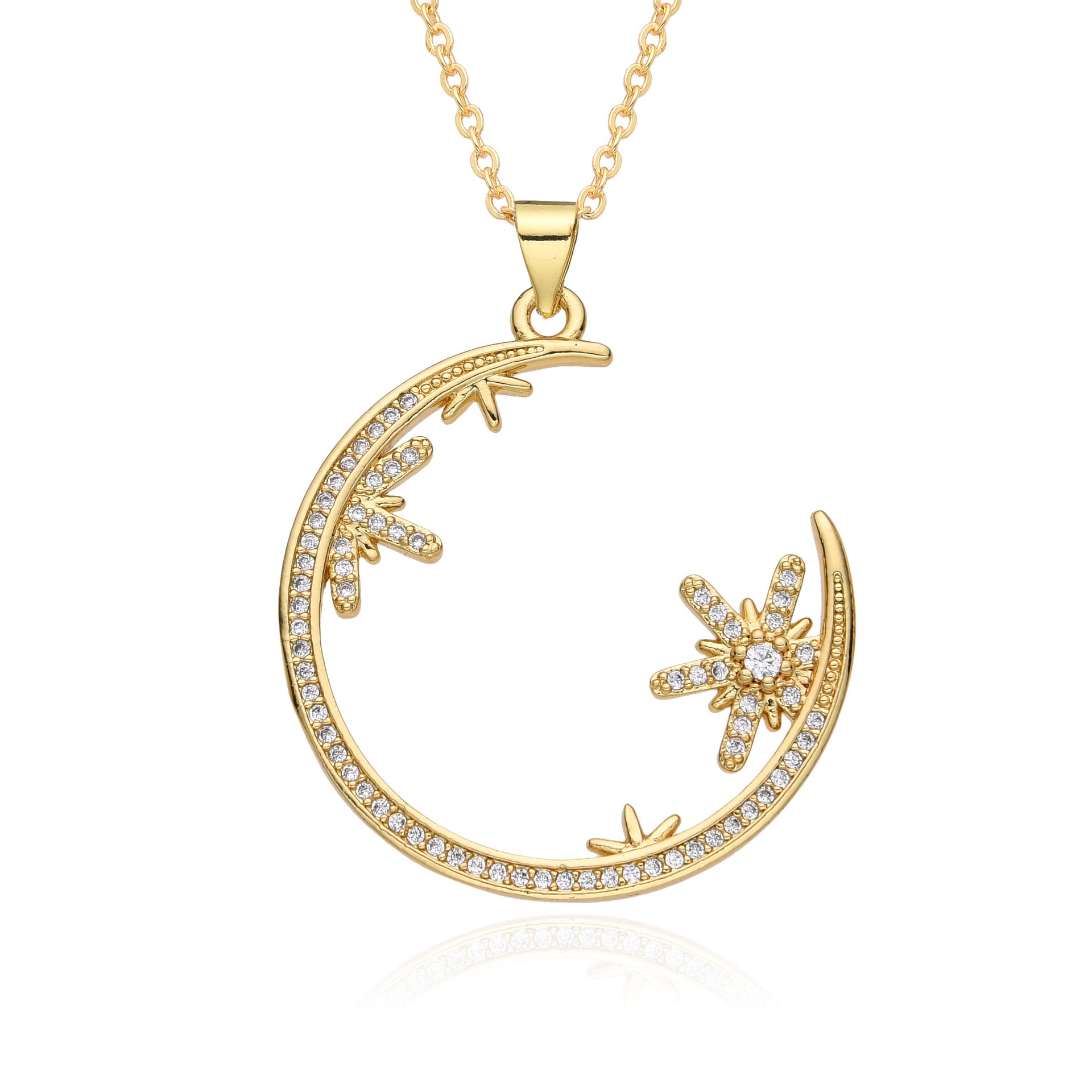 Wholesale Copper Plated 18K Gold Colored Zircon Moon Love Necklace
